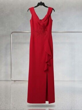 Elegant V-Neck Red Maxi Dress with Ruffle Accent